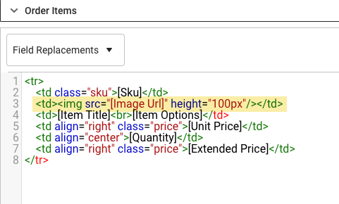 Order Items section of template with the Image URL entry highlighted