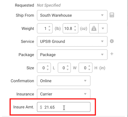 Configure shipment widget, the Insure Amt. field is outlined