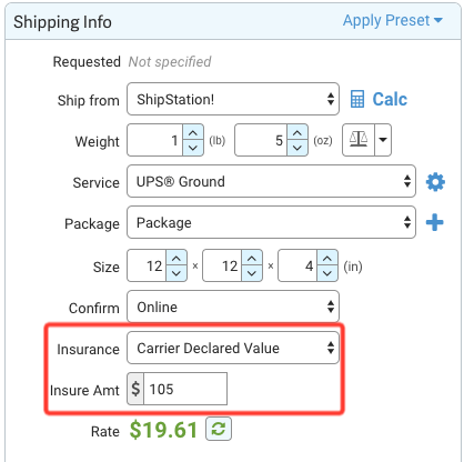 Shipping Info panel. Red box highlights Insurance type and Insurance Amount fields.