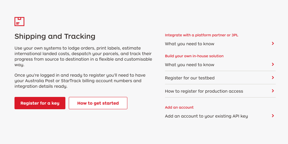 Screenshot of Australia Post Developer Centre Shipping and Tracking API Key registration page.