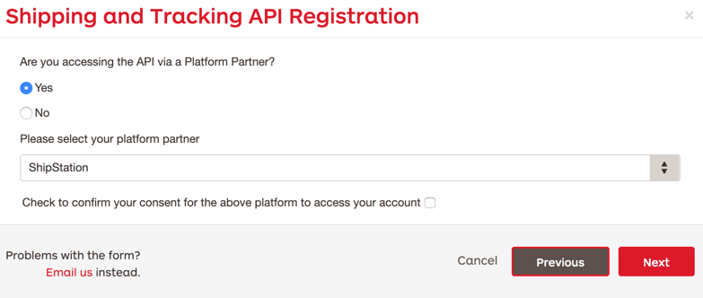 Australia Post API Registration pop-up with option to access API via Platform Partner set to Yes.