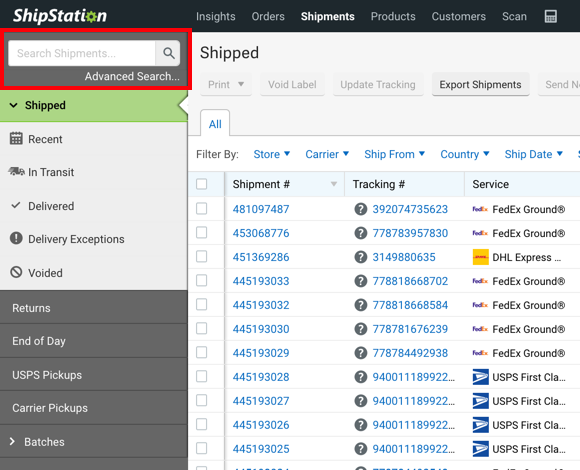 V3 Shipping tab. Red arrow points to Quicksearch field with text, grid shows search results