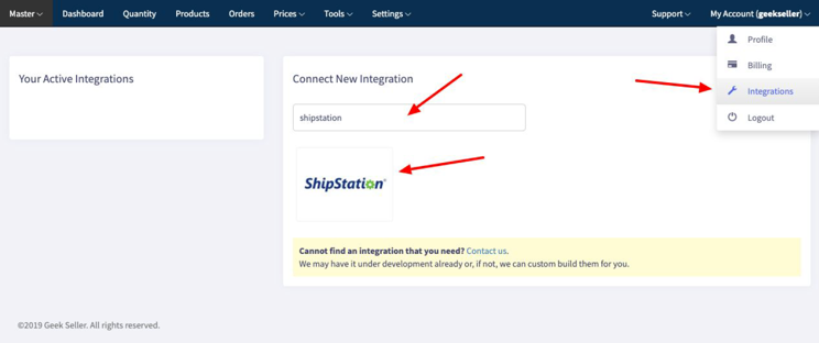 Geekseller extensions menu with ShipStation highlighted.