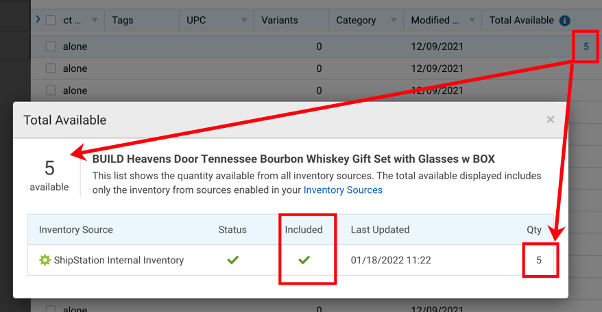 Popup shows Included product's current count for Total Available Inventory. also show product count matching in Product grid