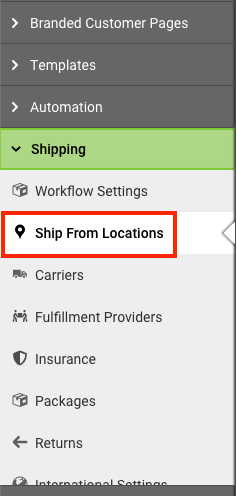 Settings Sidebar Shipping section with Ship From Locations option highlighted.