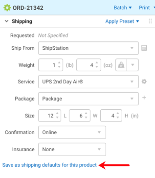Configure Shipment Widget with arrow pointing to Save as shipping defaults for this product link
