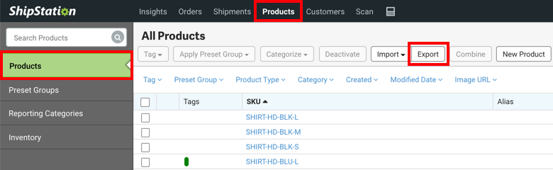 Product tab and sidebar option highlighted with a red box marking the Export button.