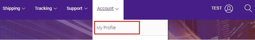 FedEx homepage with the Account menu open and My Profile selected
