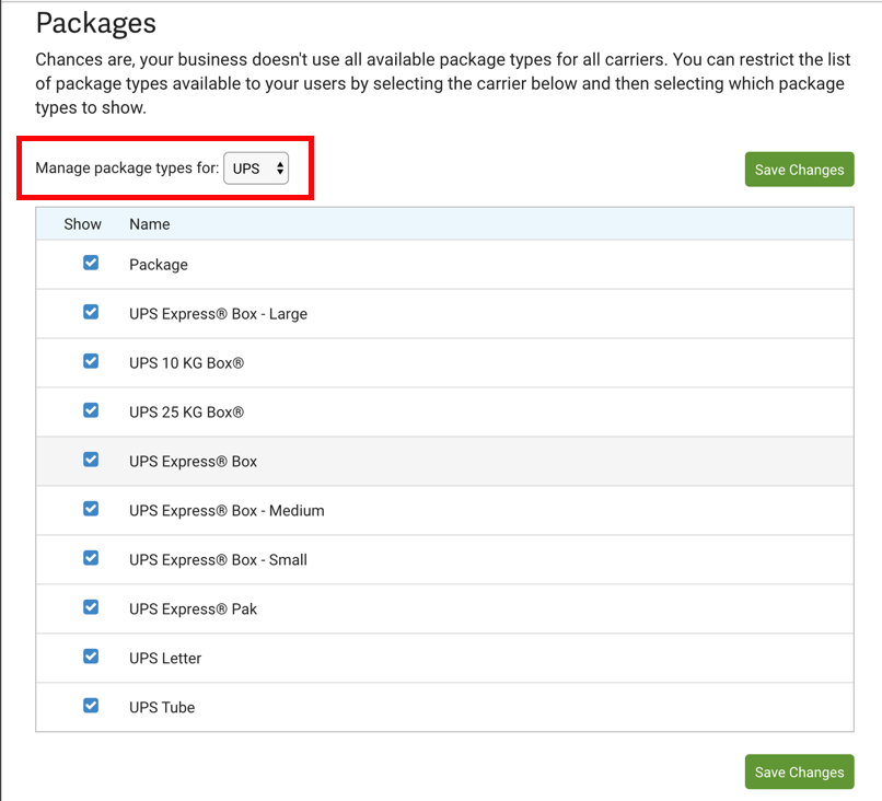 Packages settings options. Red box highlights Manage package types for dropdown.