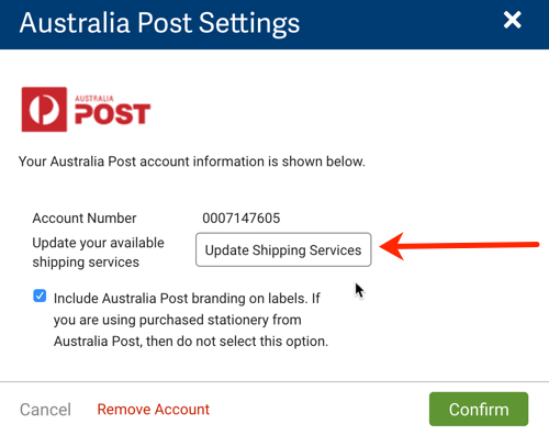 Australia Post Settings popup. Arrow points to Update Shipping Services button.
