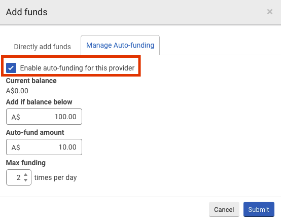 Add funds popup with Enable auto-funding option highlighted