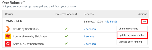 Sendle one balance action menu with arrow pointing to Update Payment Method option