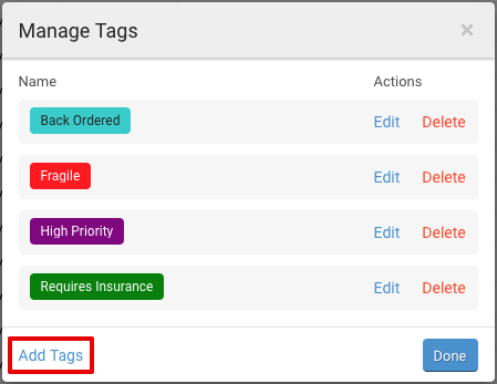 Manage Tags pop-up. Red box highlights Add Tags link