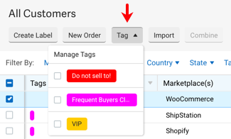 V3 Customer Action menu with a red arrow pointing to the Tag dropdown, and the Tag drop-down menu open.