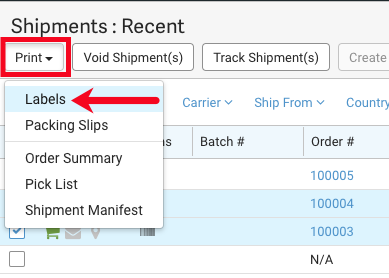 Red box around Print dropdown menu from Shipments tab. Red arrow points to the Labels menu option.