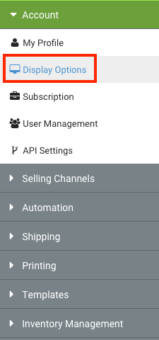 Settings Sidebar: Account dropdown. Red box highlights Display Options option.