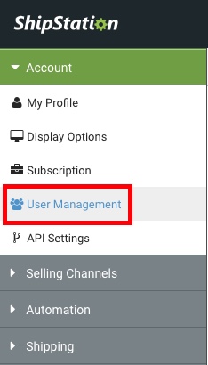 Settings Sidebar: Account dropdown. Red box highlights User Management option.