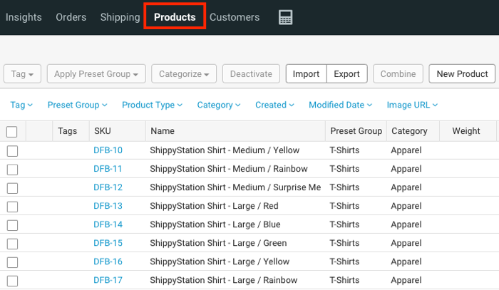 Products grid with Products tab highlighted.