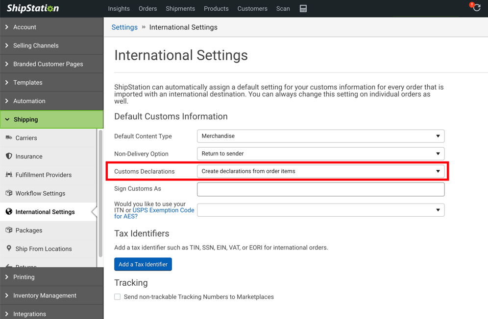 International Settings screen with red box highlighting Customs Declarations drop-down set to "Create declarations from order items".