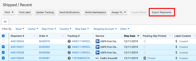 V3 Shipments grid shows selected shipments. Red box highlights the Export Shipments button in the Action bar.