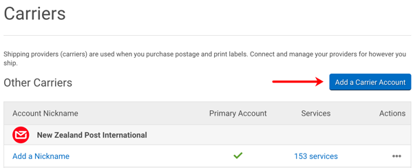 Carriers section with an arrow pointing to Add a Carrier Account button.