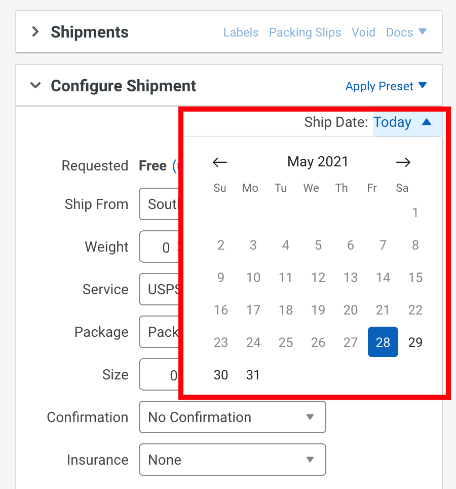 Closeup of Ship Date calendar. Red box highlights Ship Date dropdown and calendar.