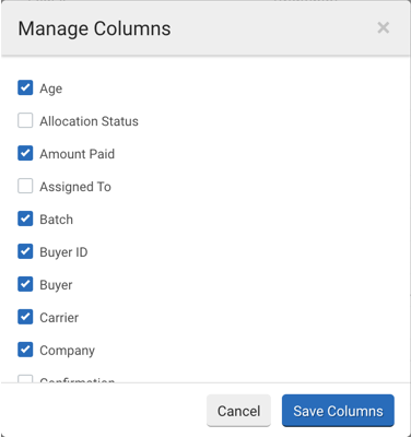 Manage Columns popup from Orders grid. Checked boxes indicate column titles will display in Orders grid.