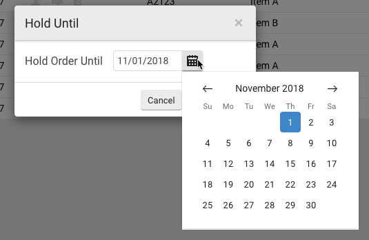 Shows date, year of one-month Calendar from Hold Until pop-up. Selected date highlighted. Arrows to move forward & back in time