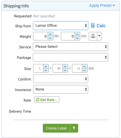 Shipping Info panel. Includes Ship from, weight, service, package, size, confirm, insurance, rate, & Create Label button.