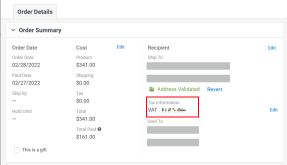 Order Summary tab of the. Order details screen.Tax info, VAT number highlighted.