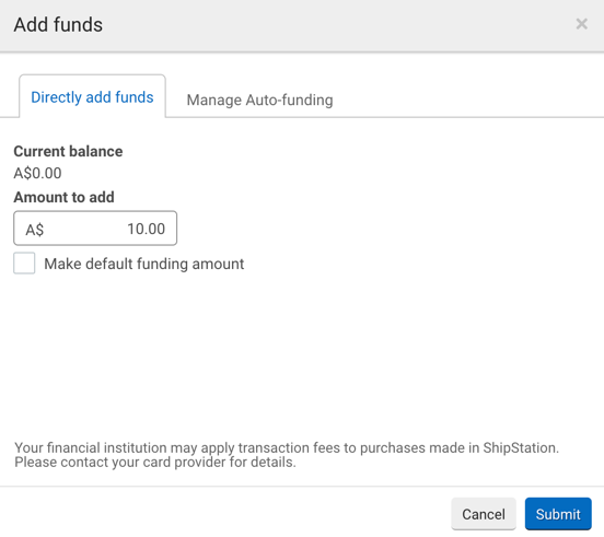 Add funds popup with Directly add funds tab selected
