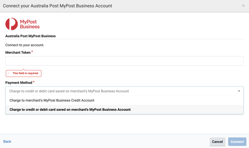 Payment Method dropdown menu open in Australia Post MyPost Business connection window.