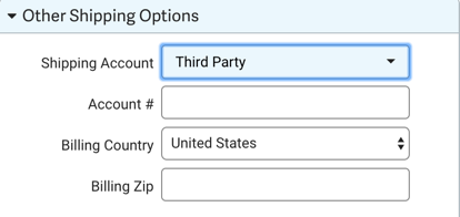 Other Shipping Options dropdown menu. Shipping Account option selected. Reads: Third Party