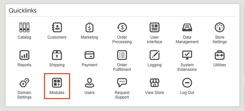 Miva quicklinks with Modules icon highlighted.