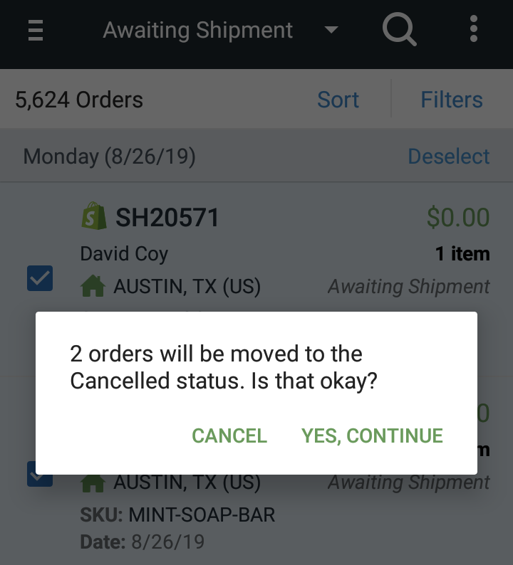 Mobile Cancel Order Confirmation prompt.