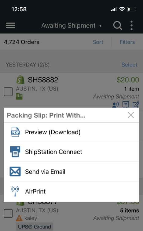 Mobile Packing slip print options screen