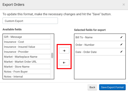 Box highlights left- and right-facing arrows to move selections between Available Fields & Fields to Export listings.