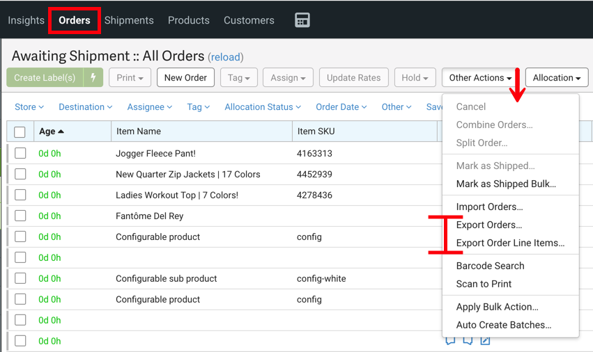 Orders tab. Red arrow points to Other Actions dropdown. Red I-beam braces Export Orders & Export Order Line Items