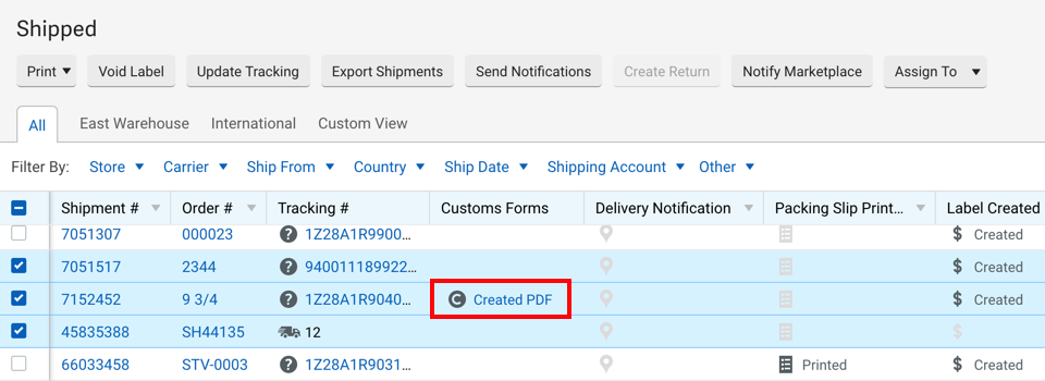 Shipped Grid has a Customs Forms column with 'Created PDF' boxed in red for an order.