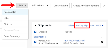 Order Details window with an arrow pointing to the Print dropdown showing Packing Slip, Label, Pick List, and Order Summary as the print options. An imposed image of the Shipments page with Packing Slip is marked.