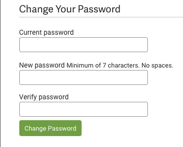 Settings, Account, MY PROFILE option. Change Password options