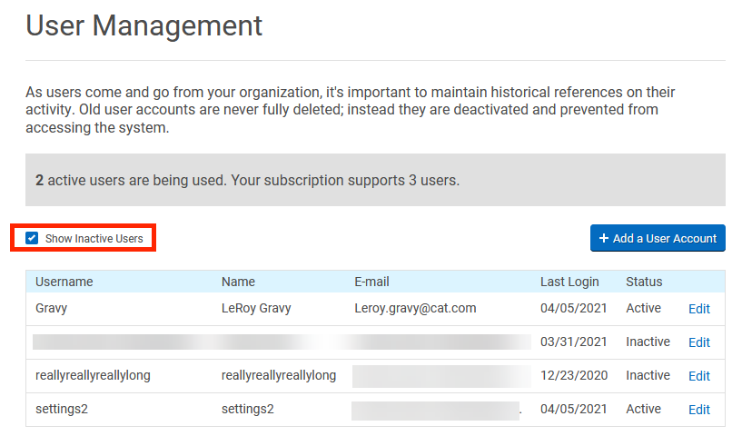 User Management popup. Red box highlights checked box to Show Inactive Users