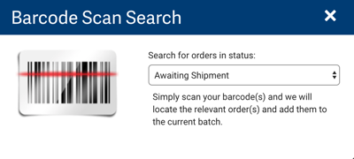 Barcode Scan Search popup. Select Orders in Status dropdown shows default: Awaiting Shipment​​