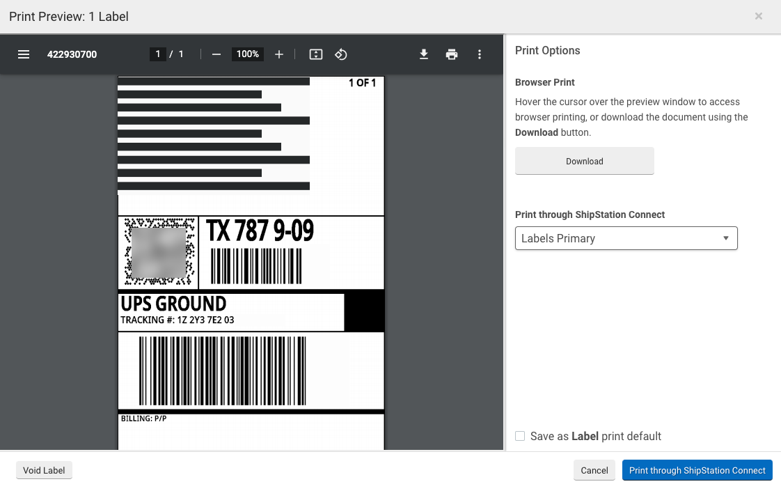 Print Label popup with label PDF example image.