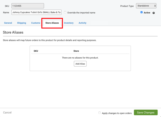 Product Details with Store Aliases tab open.