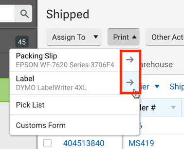 Print menu dropdown options. Red box highlights arrows for Packing slip and Label with printer name.