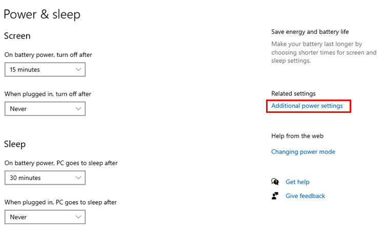 "Additional power settings" link highlighted on Windows Power & Sleep settings page.