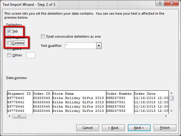 Excel Text Import Wizard pop-up with "Tab" selected and "Comma" unselected for delimiters.