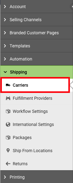 Settings sidebar with Shipping section open and Carriers section highlighted.
