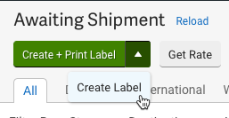 The create + print label label button drop-down menu with the cursor on Create Label option.
